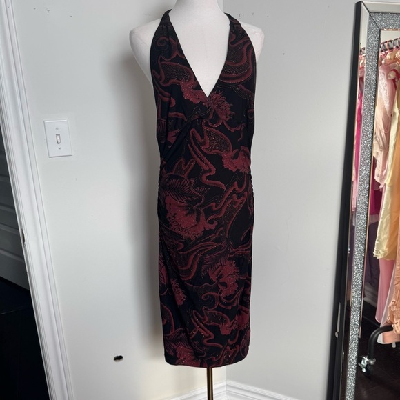 Y2K vtg Le Chateau Elegant Black and Red Halter Dress Glitter Goth Glam M - Picture 2 of 7